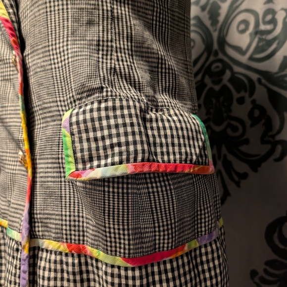 RARE Vintage Emanuel Ungaro Black and White Plaid Blazer Tie Dye Trim - Picture 3 of 10